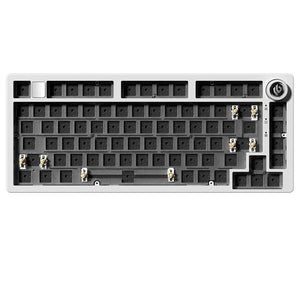 A top view of a WhatGeek x LEOBOG Hi75 Wired/Tri-mode Aluminum DIY Kit mechanical keyboard with visible key switches and a silver aluminum case.