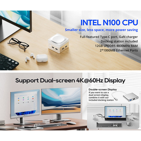 AOOSTAR T8 Mini PC Intel N100 with Free Docking Station