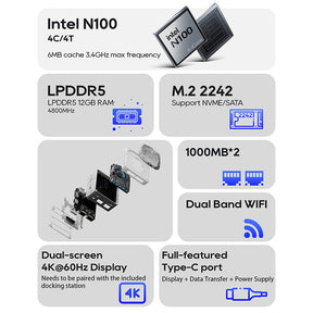 AOOSTAR T8 Mini PC Intel N100 with Free Docking Station