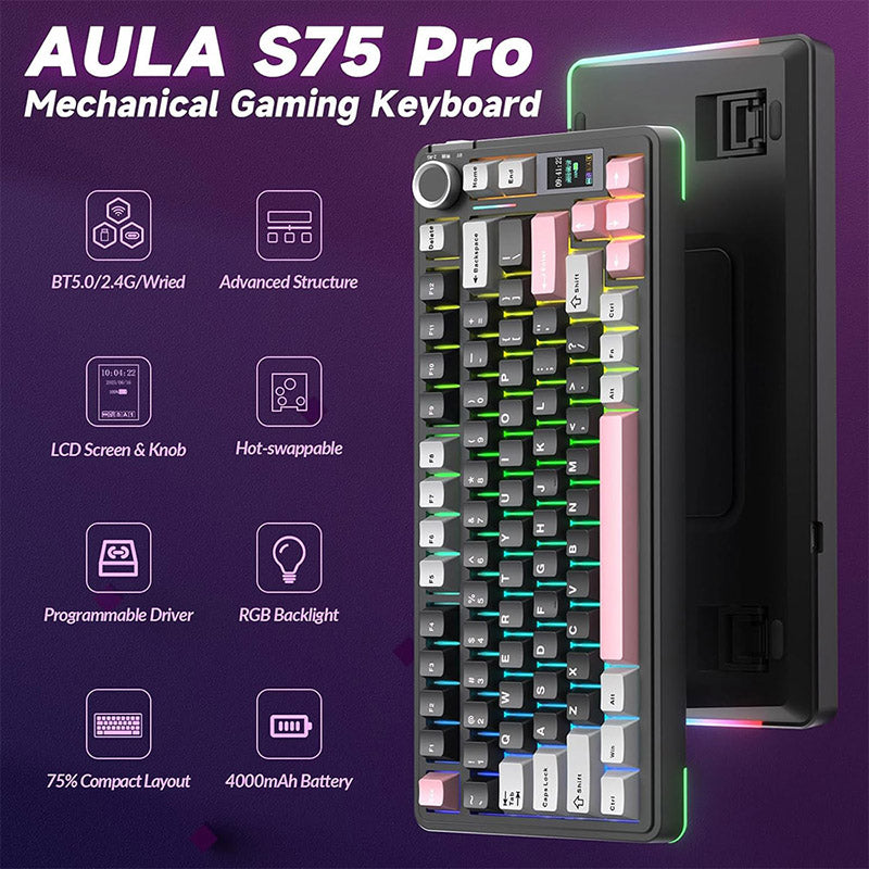 AULA S75 PRO Tri-mode Wireless Mechanical Keyboard with LCD Screen Creamy